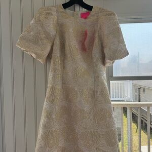 Gold floral Lilly Pulitzer midi dress with cap sleeves